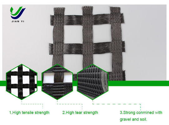 Highway Warp Knitted Polyester Geogrid 1-6m Dalam Pengolahan Dasar Tanah Lembut